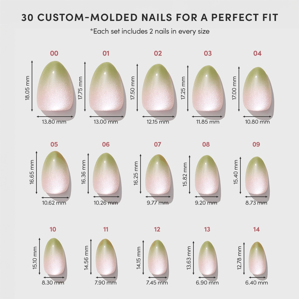 Image of glamnetic Lime Beam custom-molded press-on nails in 15 sizes (00–14), each labeled with width and length in millimeters. Top text highlights 30 total Lime Beam stick-on nails for the perfect fit. - Product image