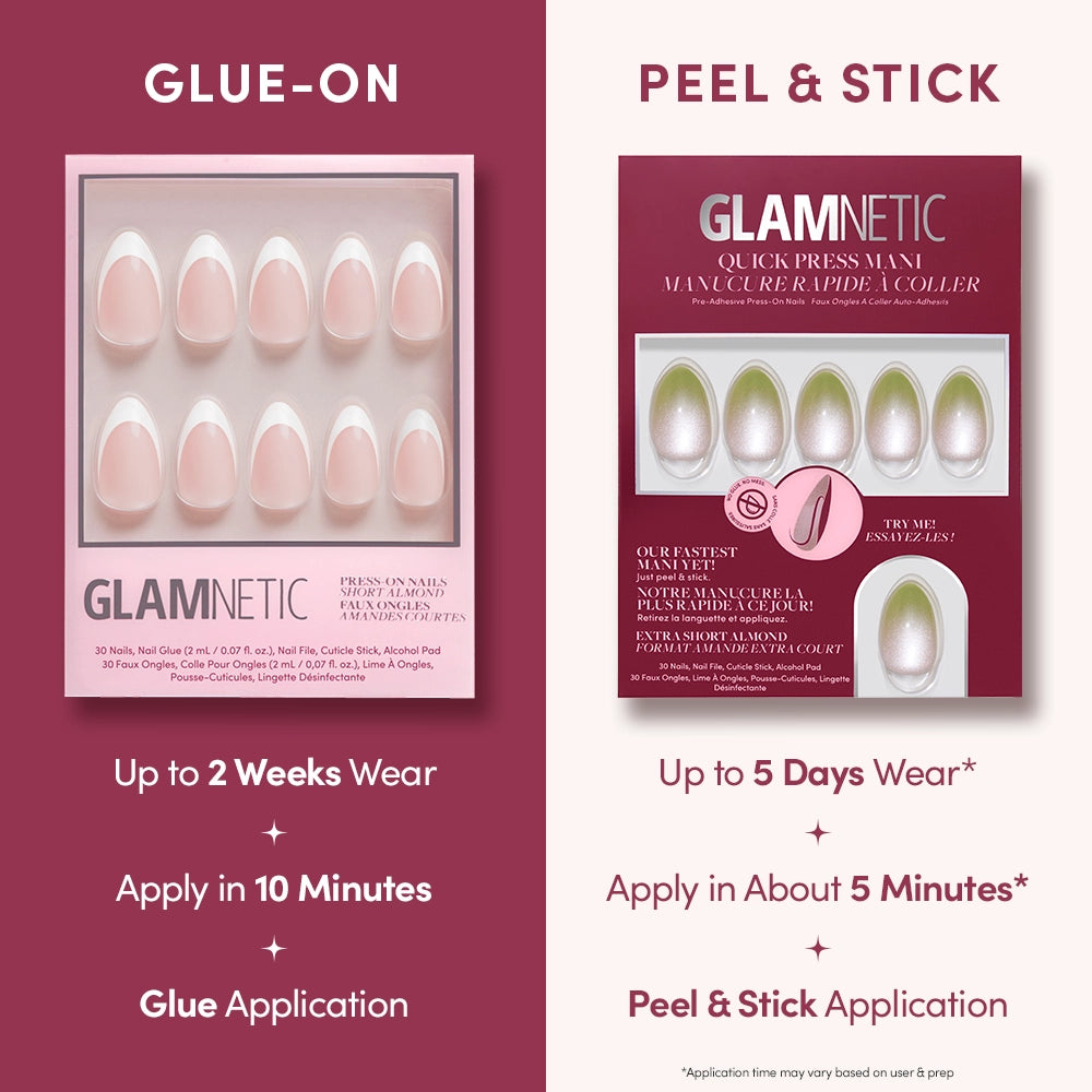 Comparison of glamnetic Lime Beam nails: Glue-on press-ons last up to 2 weeks, apply in 10 min with glue. No-glue stick-on Lime Beam nails apply in 5 min with stickers and last up to 5 days. - Product image