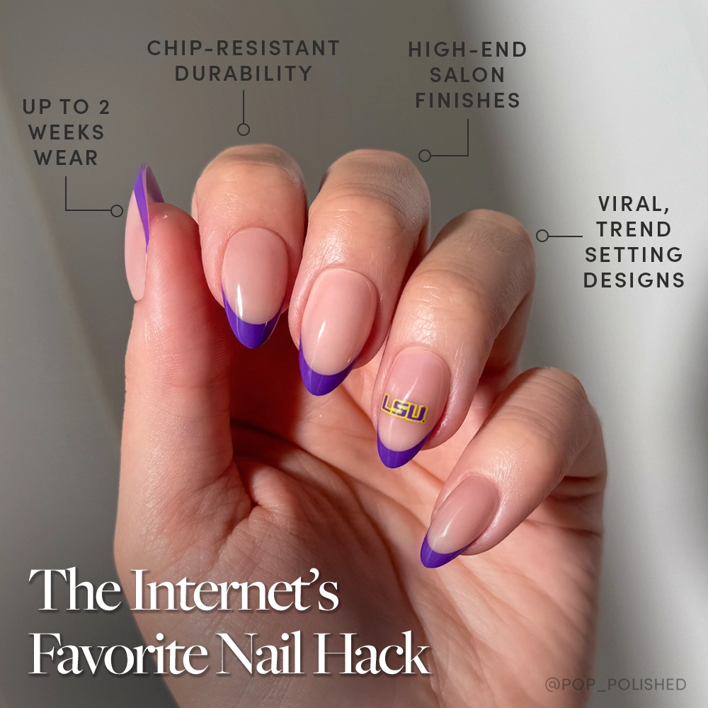 The glamnetic LSU Tigers Press-On Nail Set features almond-shaped nails with purple French tips and an accent nail with an official LSU decal, offering durability, long-lasting wear, and trendy designs. - Product image