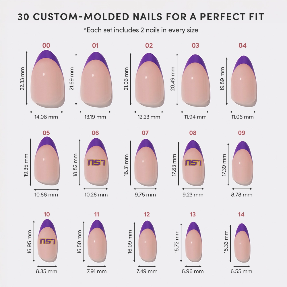 A chart shows 15 sizes of glamnetic’s officially licensed LSU Tigers Press-On Nail Set, each with bold purple French tips. Nails are numbered, display width and height in millimeters, with two nails per size included. - Product image