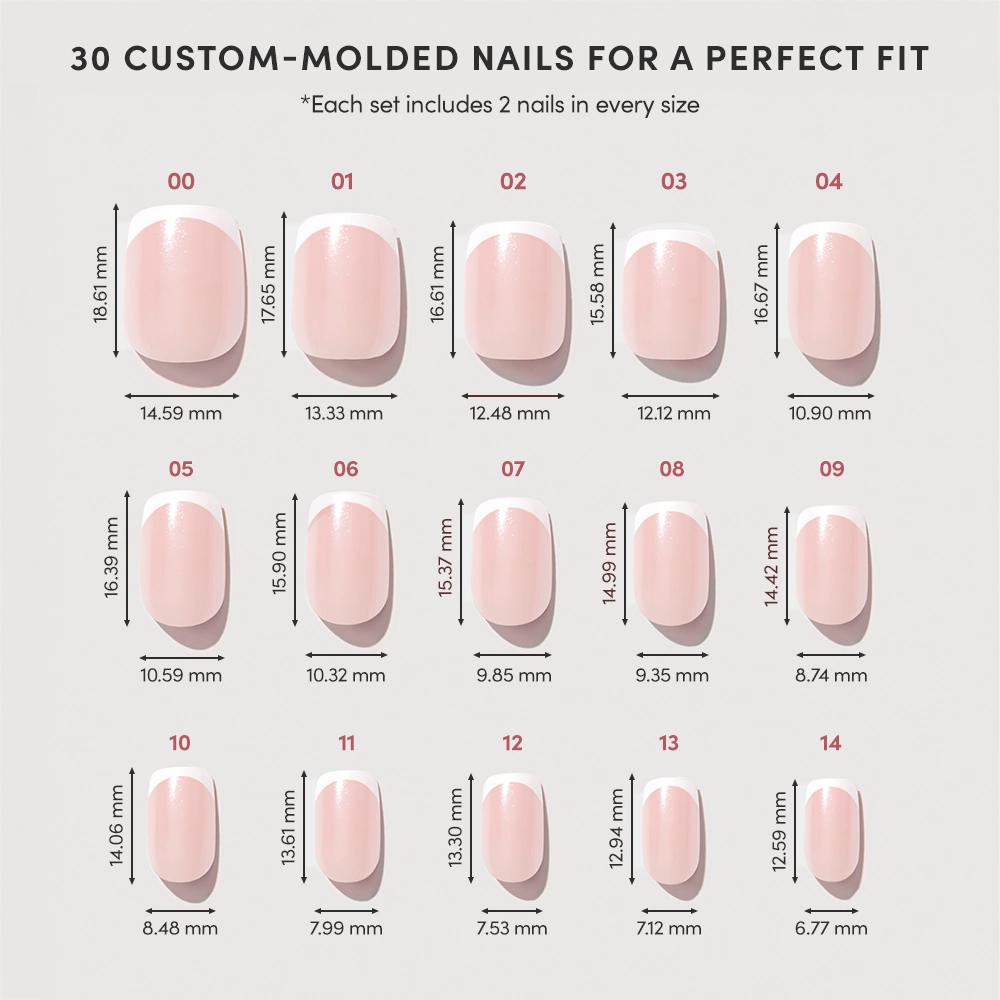 A chart displays 15 sizes of glamnetic's La Perle custom-molded nails, numbered and labeled by width from 16.81 mm to 7.59 mm, with each row showing a different size—including short squoval shapes. - Product image