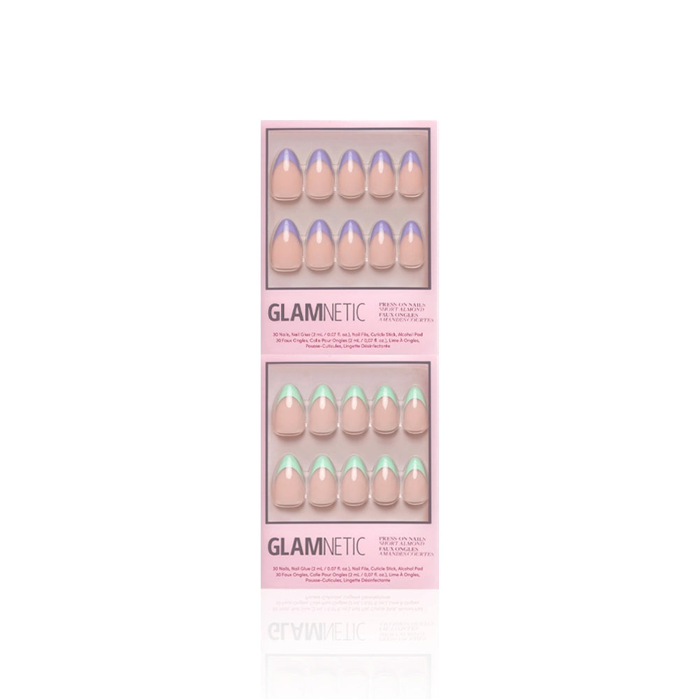 Two pink GLAMNETIC boxes of La Vie en Almonds press-on nails are shown. The top set has short almond French tips in pastel lilac, and the bottom features pastel mint tips. Both nude sets appear against a white background. - Product image