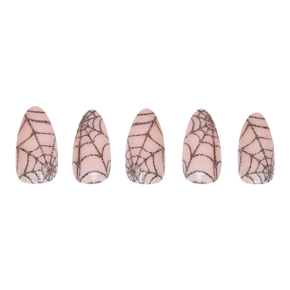 Lady Web by glamnetic features five artificial nails with a nude base and black glittery spiderweb designs, displayed in a row on a white background—ideal for chic Halloween nail looks. - Product image
