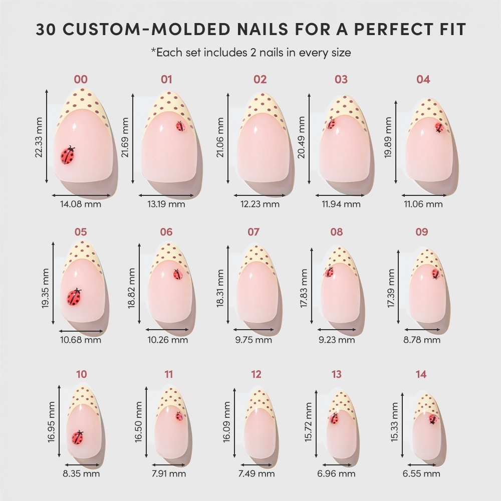 A chart displays 15 sizes of glamnetic’s Lady Luck custom-molded press-on nails, each labeled with width and length in millimeters. The pink nails with gold and red accents come as 2 short almond nails per size—perfect for summer. - Product image