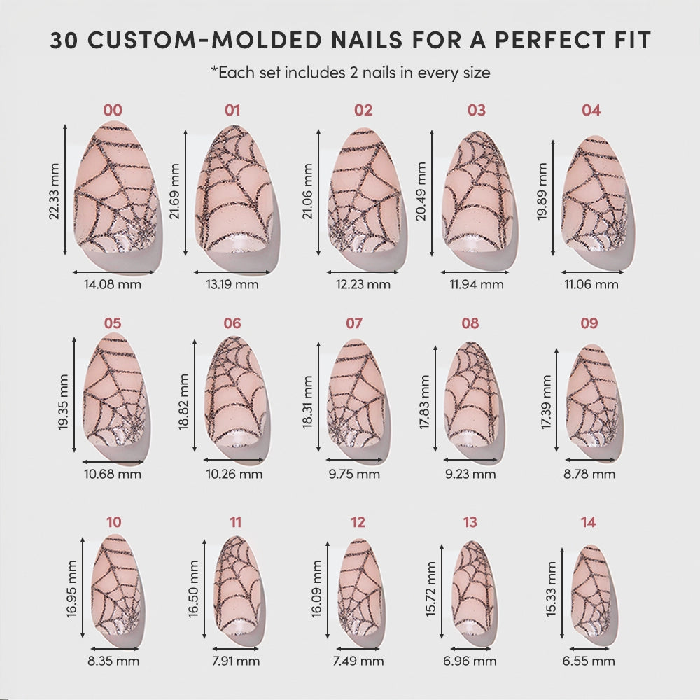 Introducing Lady Web by glamnetic—a chart displays 15 sizes of custom-molded Halloween press-on nails featuring black spiderweb designs. Each size is clearly labeled with its width and length in millimeters, with 2 nails included per size—perfect for achieving a dramatic almond manicure. - Product image