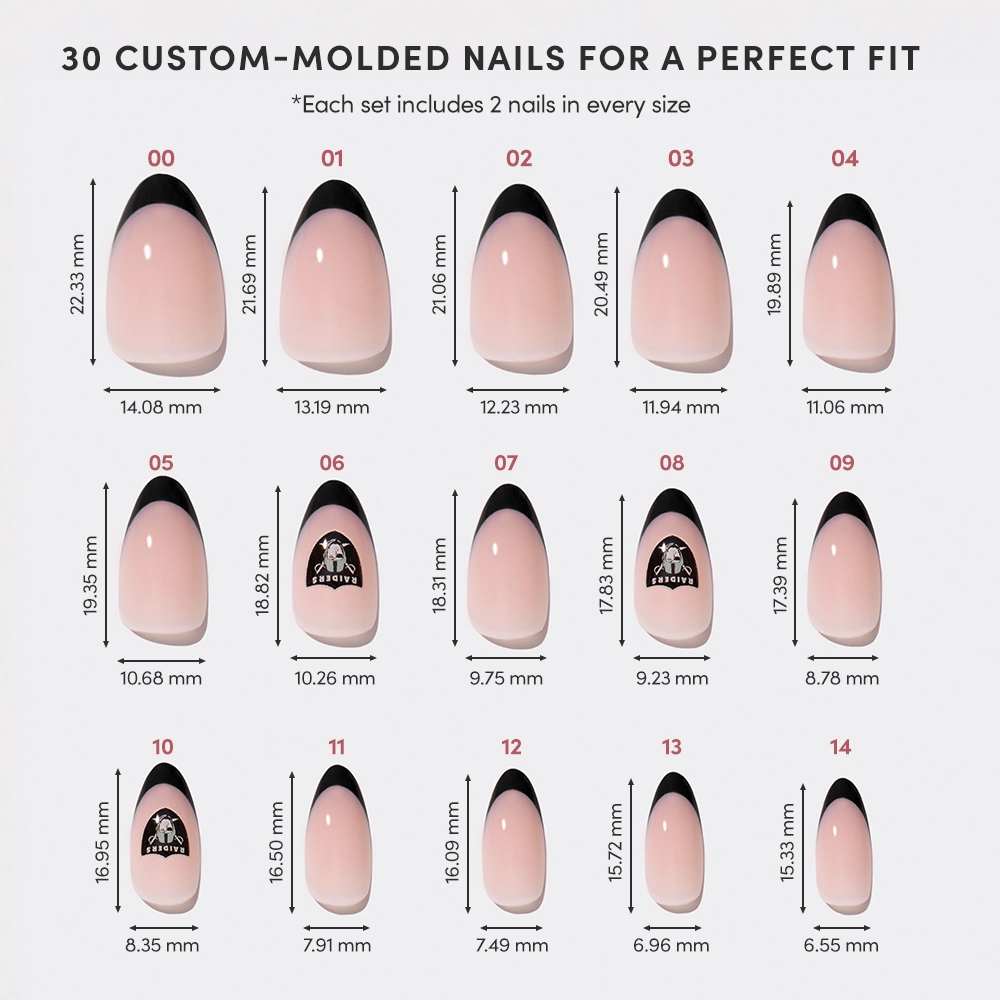 Chart displaying the glamnetic Las Vegas Raiders Press-On Nail Set: 15 custom-molded sizes (00–14) in two styles, each showing width and length (mm), with black French tips on a nude base. - Product image