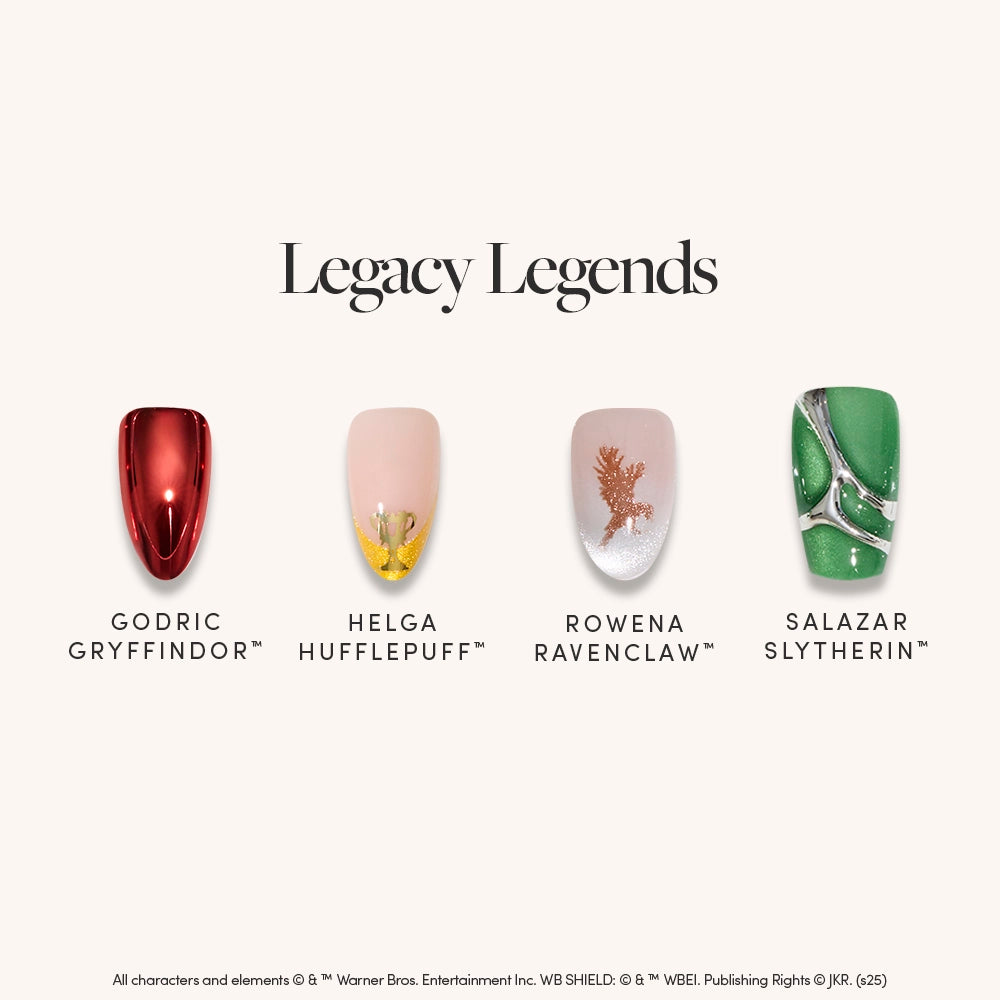 Show your Hogwarts pride with Legacy Legends by glamnetic: red/gold (Gryffindor), nude/gold leaf (Hufflepuff), nude/silver-bronze feather (Ravenclaw), and green/silver (Slytherin)—the ultimate Harry Potter nail set for fans!.