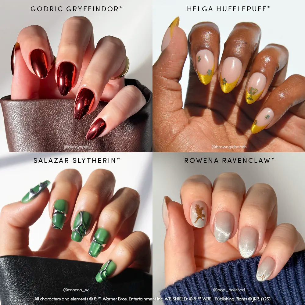 Four hands display glamnetic's Legacy Legends nail set, inspired by all four Harry Potter houses: red metallic, nude with yellow tips and flowers, green with silver lines, and silver with blue tips and stars.