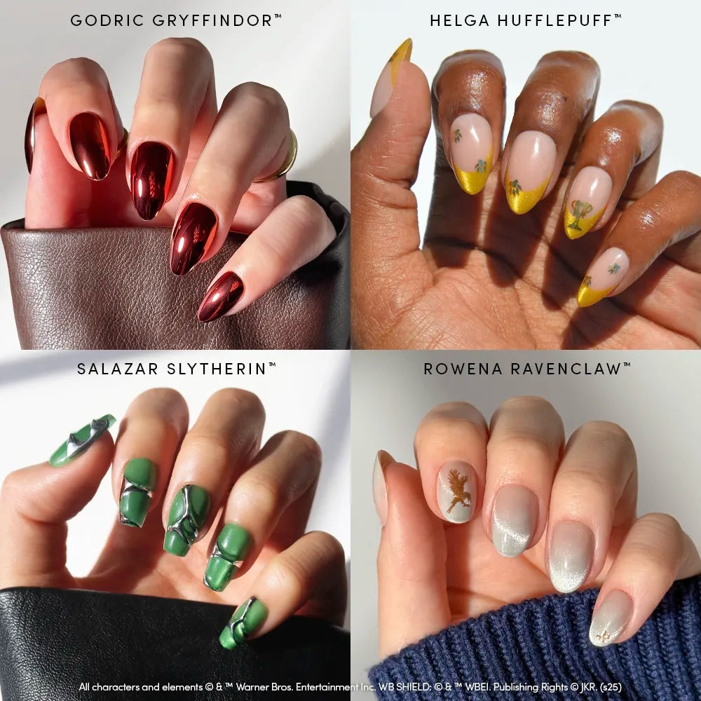 Four hands display glamnetic's Legacy Legends nail set, inspired by all four Harry Potter houses: red metallic, nude with yellow tips and flowers, green with silver lines, and silver with blue tips and stars.