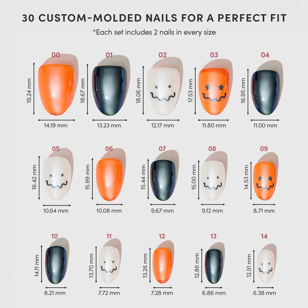 A sizing chart of 15 custom-molded Lil Gremlins press-on nails by glamnetic, each with a glazed finish in orange, black, or white featuring smiling faces and stars, and detailed width and length measurements for a perfect fit. - Product image
