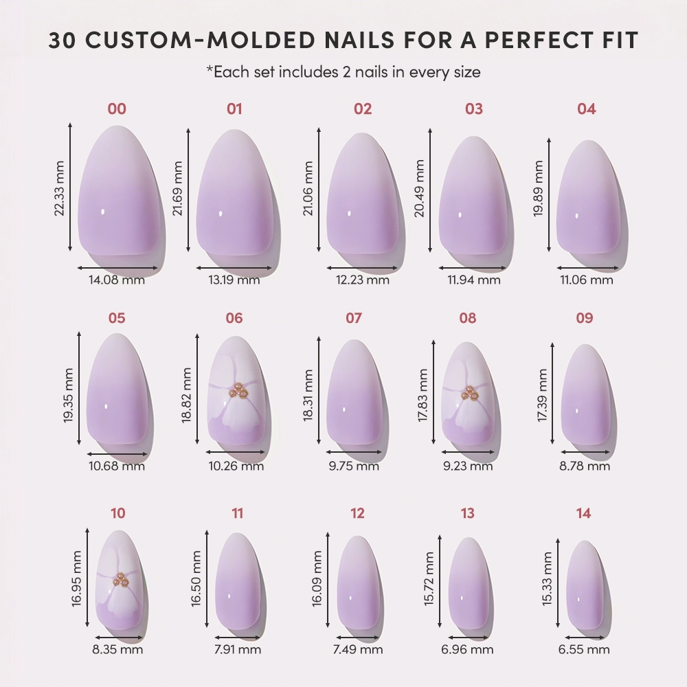 A chart displaying the glamnetic Lilac Reef: 15 pairs of custom-molded, purple almond nails in multiple sizes (labeled in mm), with select nails featuring delicate florals and a soft lavender ombré. - Product image