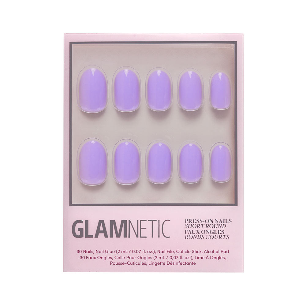 A box of glamnetic Lilac press-on nails in a short round shape, featuring glossy lavender color. Includes 10 displayed nails with product details in English and French. - Product image