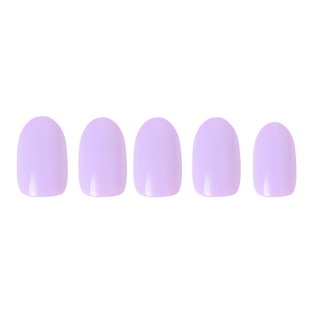 Glamnetic’s Lilac set features five glossy pastel lavender press-on nails arranged in a row on a white background, offering subtle, floral-inspired elegance. - Product image