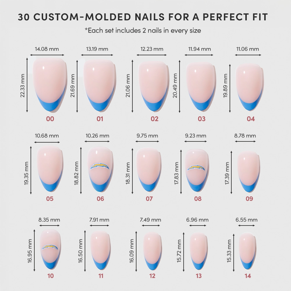 The glamnetic Los Angeles Chargers Press-On Nail Set features 15 custom-molded almond nails with pink beds, blue French tips, numbered labels, and detailed size measurements—ideal for creating your own Chargers-inspired manicure. - Product image