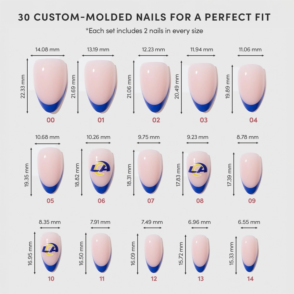 The glamnetic Los Angeles Rams Press-On Nail Set features a chart of 15 custom-sized nails—some with blue tips or yellow LA logos—each labeled by size and measurement, ideal for Rams fans wanting a perfect manicure. - Product image