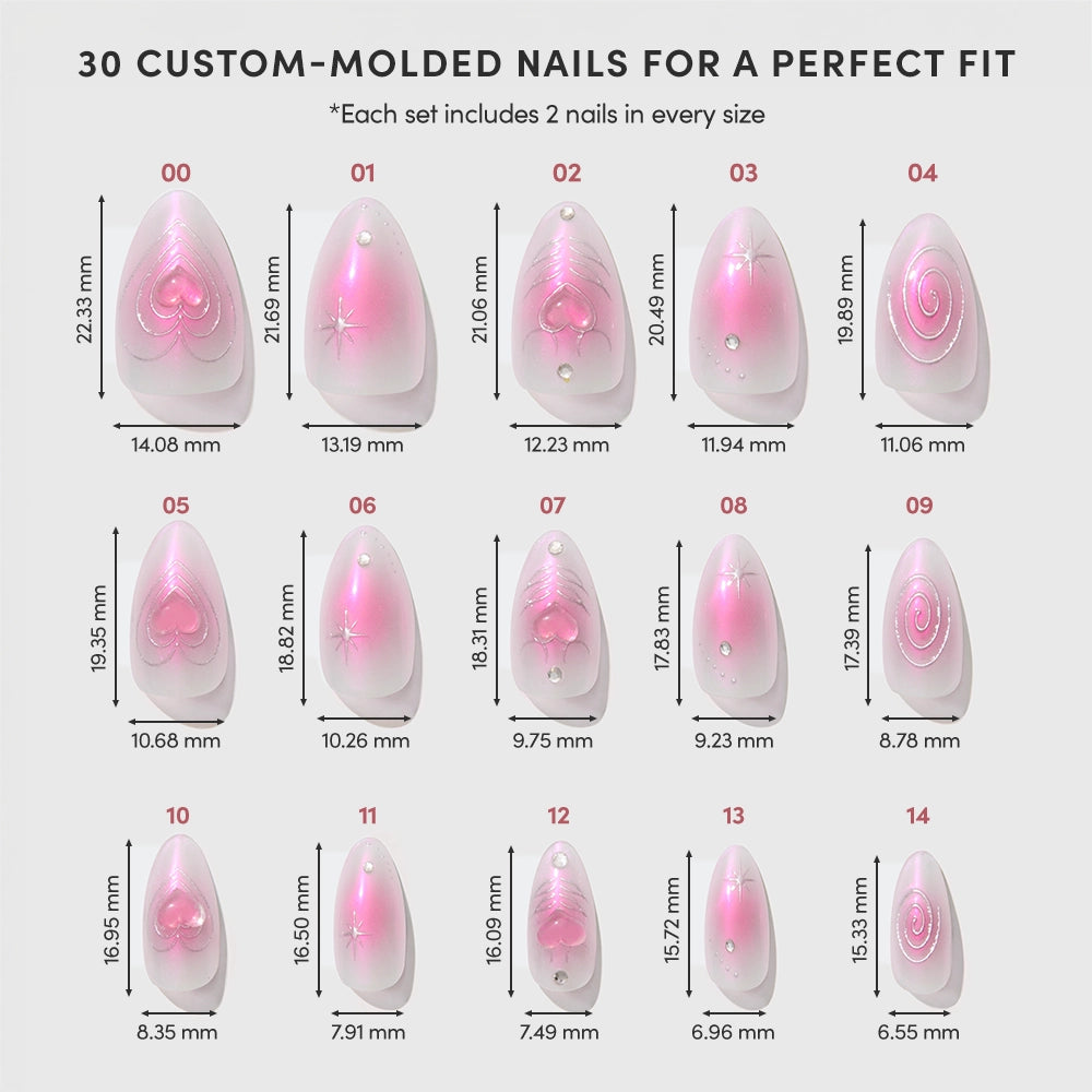 Chart showing 15 sizes of glamnetic Love Current custom-molded pink gradient press-on nails, each labeled with a number and dimensions in millimeters. Each size comes with two identical nails—perfect for creating your own pink aura nail look—for a total of 30 short almond nails per set. - Product image