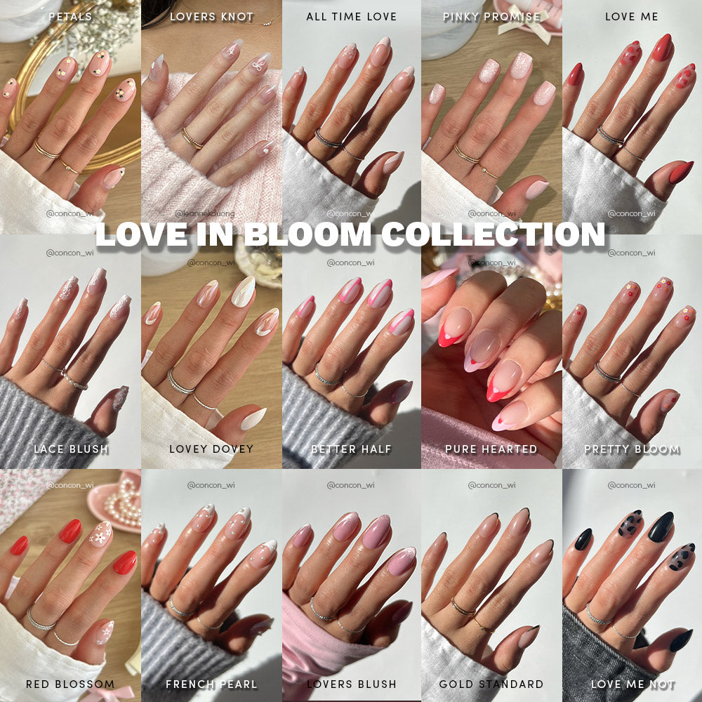A collage of 16 manicured hands displays unique designs from glamnetic’s Love In Bloom Collection—short almond nails in pink, red, nude, and gold shades, with some showcasing heart accents. Each manicure is labeled with its style name.