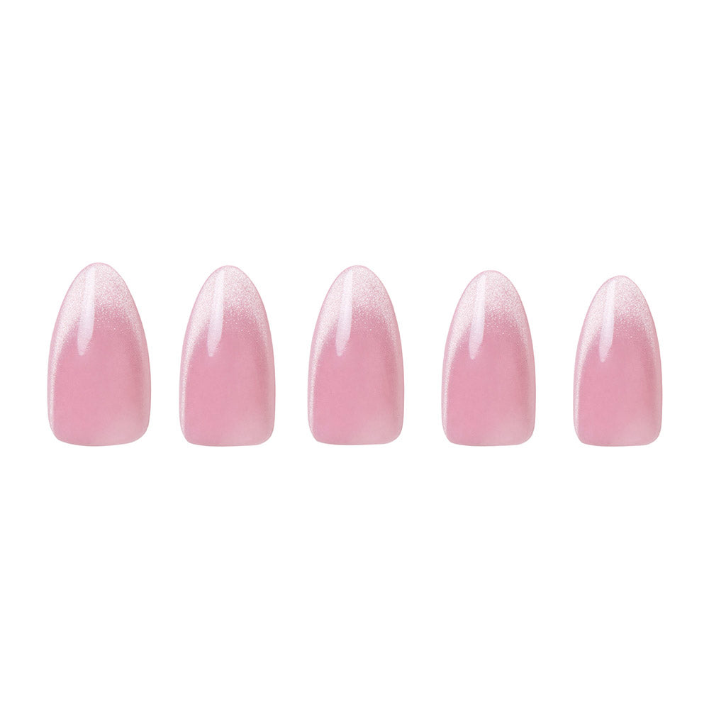 Five Lovers Blush almond nails from glamnetic, each featuring a glossy blush-toned finish, are arranged in a row on a white background. - Product image