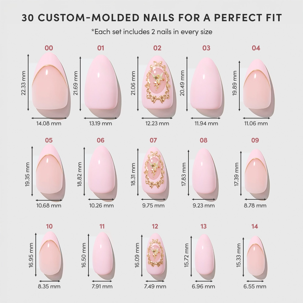 A chart shows 15 sizes of glamnetic's Lover's Crest pink custom-molded nails (labeled 01–15) with length and width in mm. Featuring Victorian-inspired and 3D gold metallic nail art, each size includes two nails for a total of 30. - Product image