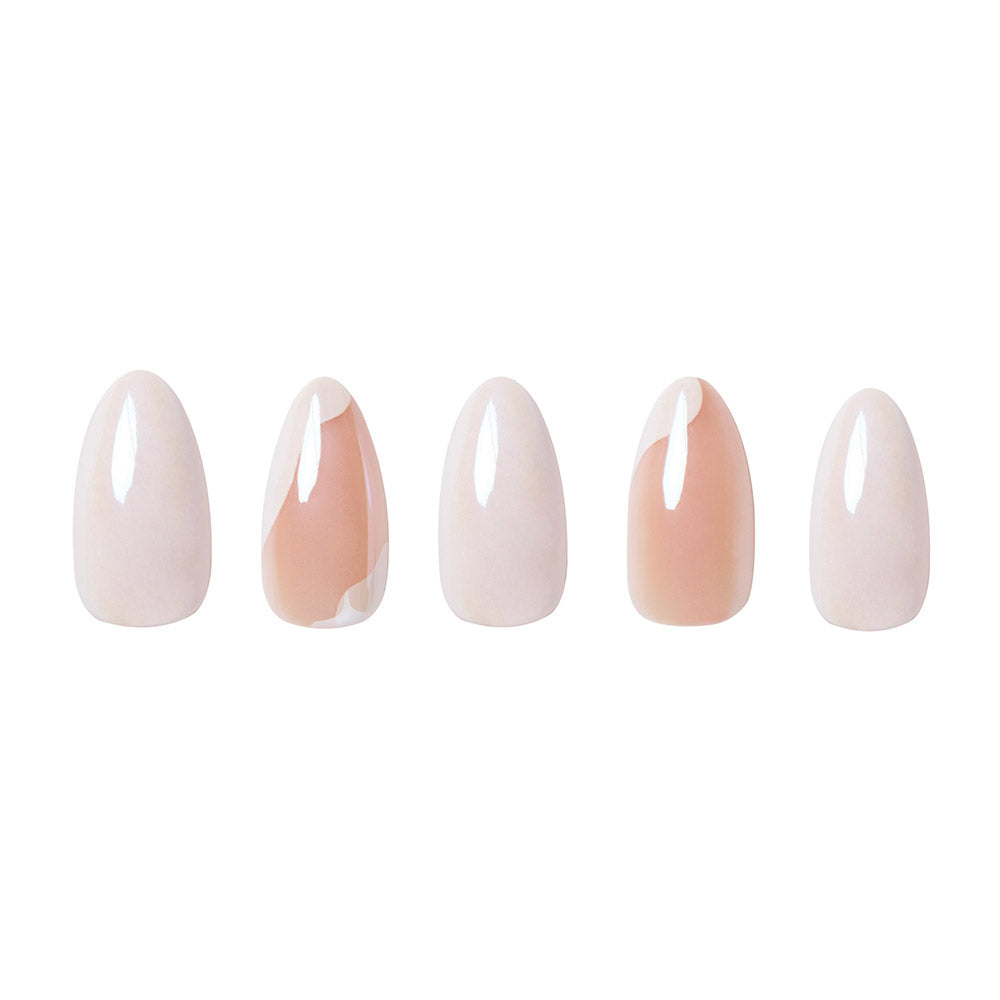 Five Lovey Dovey artificial almond nails by glamnetic, each with a glossy finish. Minimalist design in soft pink and beige hues, featuring subtle gradients and an elegant glazed effect on select nails. - Product image