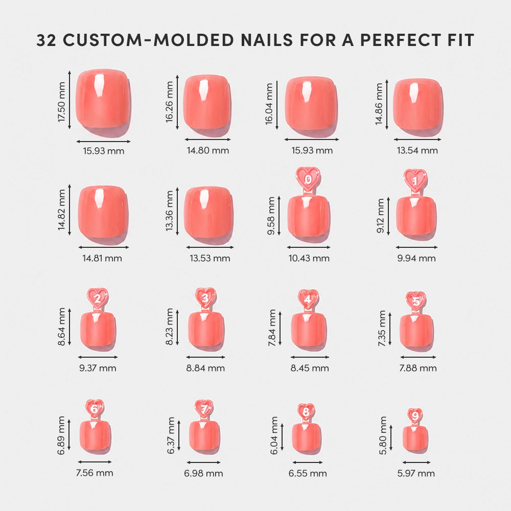 The glamnetic Lush Coral Toenail set features a size chart of 16 vegan press-on sizes, each labeled with width and height in four rows on a light background. Top text: "32 custom-molded nails for a perfect fit. - Product image