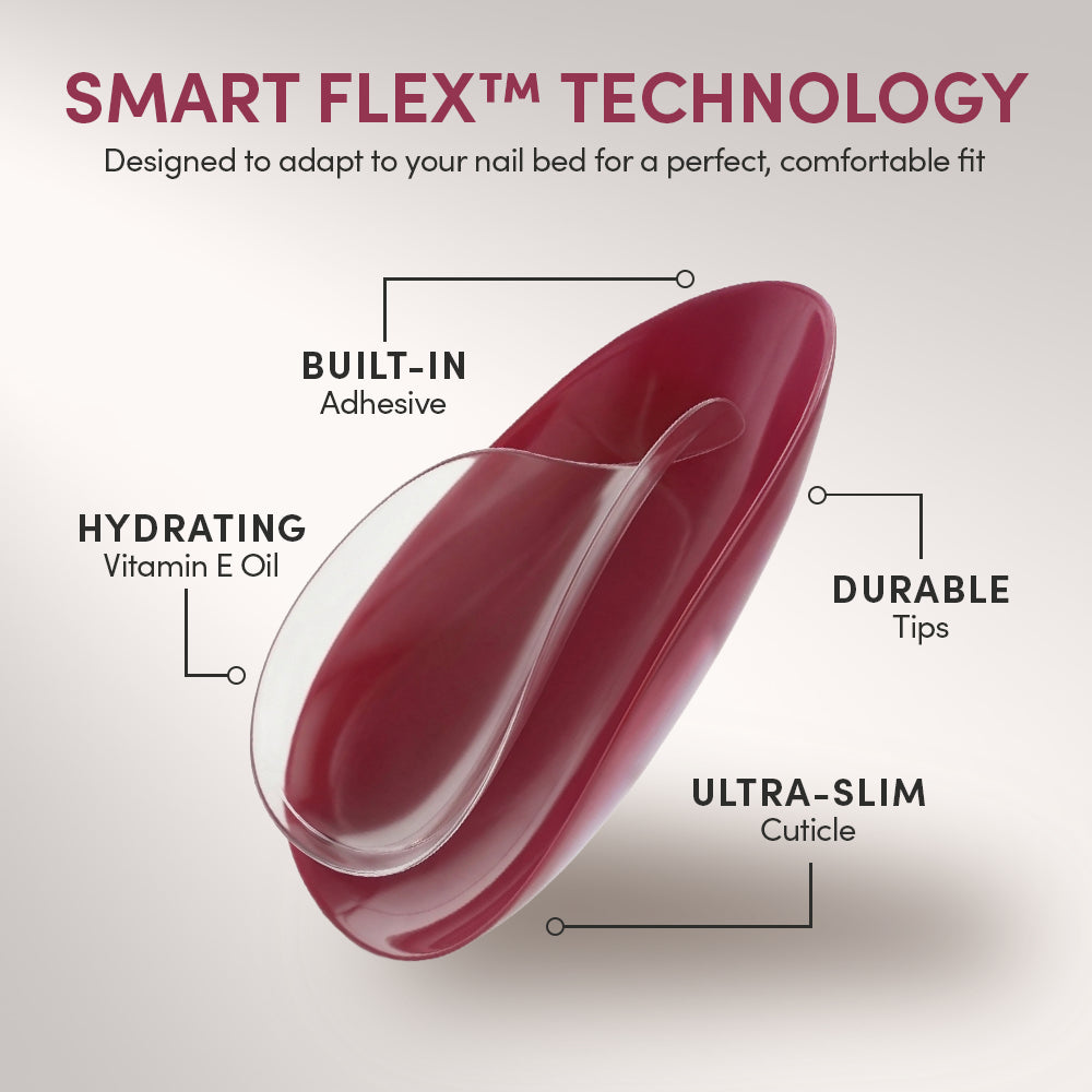 A diagram of glamnetic's Mauve Muse red, no-glue press-on nail tip highlights built-in adhesive, hydrating vitamin E oil, durable tips, and an ultra-slim cuticle. Above, text reads: SMART FLEX™ TECHNOLOGY for a comfortable fit. - Product image
