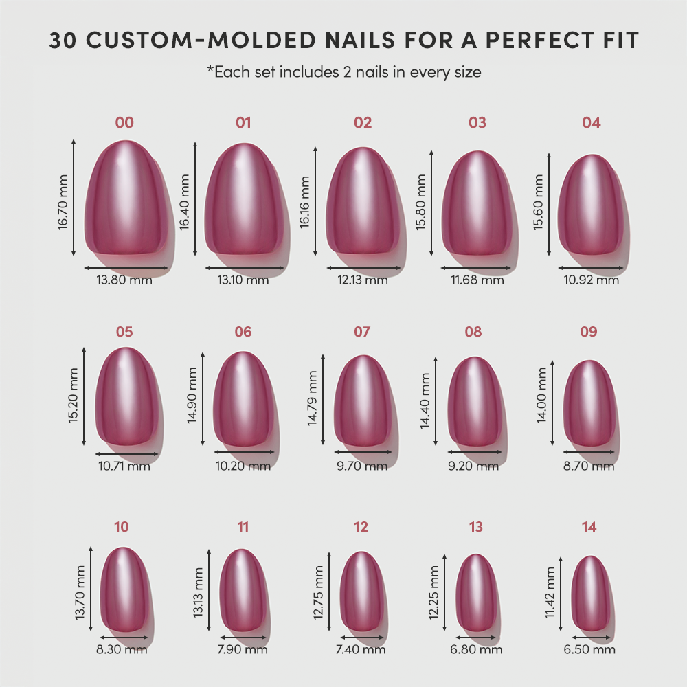 A chart shows 15 sizes of Mauve Muse press-on nails by glamnetic in pink mauve, each with exact height and width in millimeters. Sizes are numbered 00–14, with two of each included in every set. - Product image
