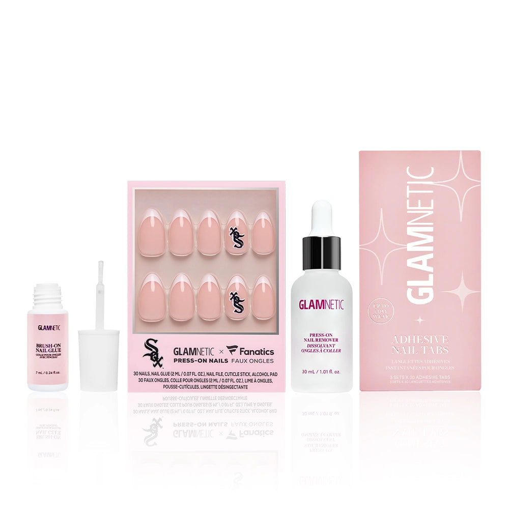 The glamnetic "The Chicago White Sox Major League Mani" set features press-on nails, nail glue, cuticle oil, and pink adhesive tabs—perfectly arranged on a white background for your ultimate game day manicure.