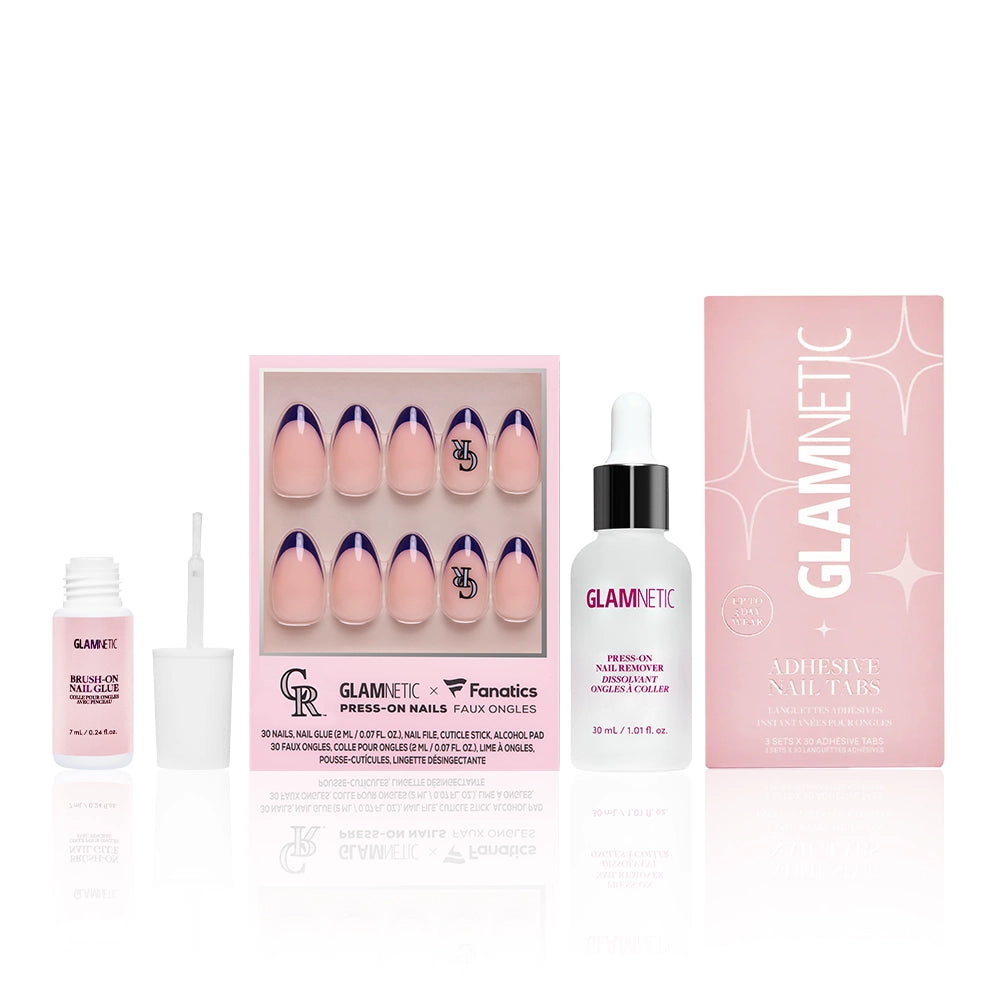 The glamnetic Colorado Rockies Major League Mani set features officially licensed press-on nails with pink and blue tips, adhesive liquid, nail tabs, and a pink box—perfect for your next game day manicure.