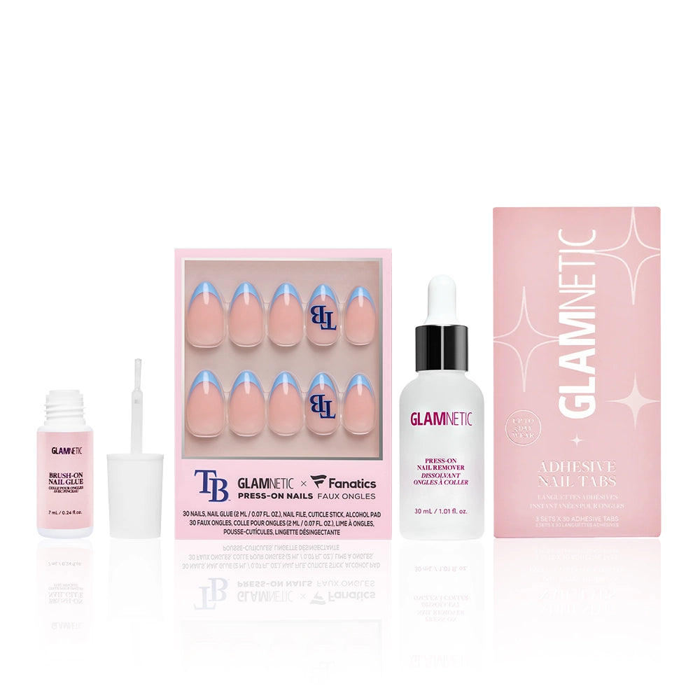 The glamnetic Tampa Bay Rays Major League Mani includes blue French tip press-on nails with TB initials, nail glue, adhesive tabs, and remover—perfect for your next game day manicure.