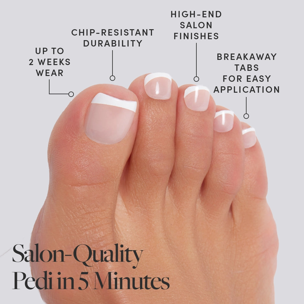 A clean French tip Glamnetic press-on toenail set shown on toes, with benefits like breakaway tabs and chip resistance noted. - Product image