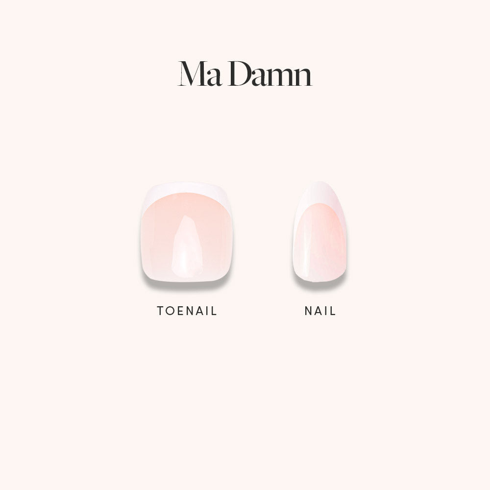 Image showing two artificial nails on a light background. The left, labeled “Toenaill,” is wide and square; the right has French tips and a rounded tip. Text above reads “Ma Damn Mani Pedi” by glamnetic. - Product image