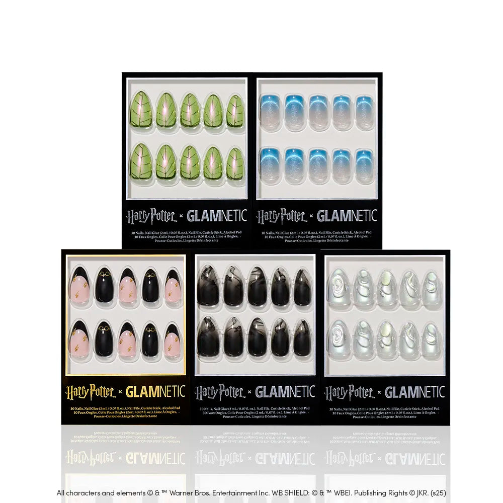 Five sets of glamnetic Magic & Mystery nails are arranged in two rows, featuring Hogwarts house designs and a Golden Snitch set—ideal for wizarding world manicures or as a unique almond nail bundle. - Product image