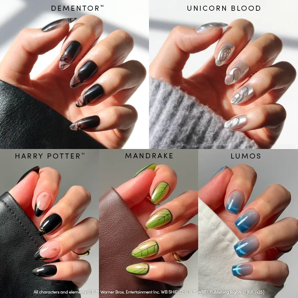 A collage features five glamnetic Magic & Mystery nails: black “Dementor,” silver “Unicorn Blood,” pink “Harry Potter,” green “Mandrake,” and blue ombré “Lumos”—the ultimate wizarding manicure with magical accents.