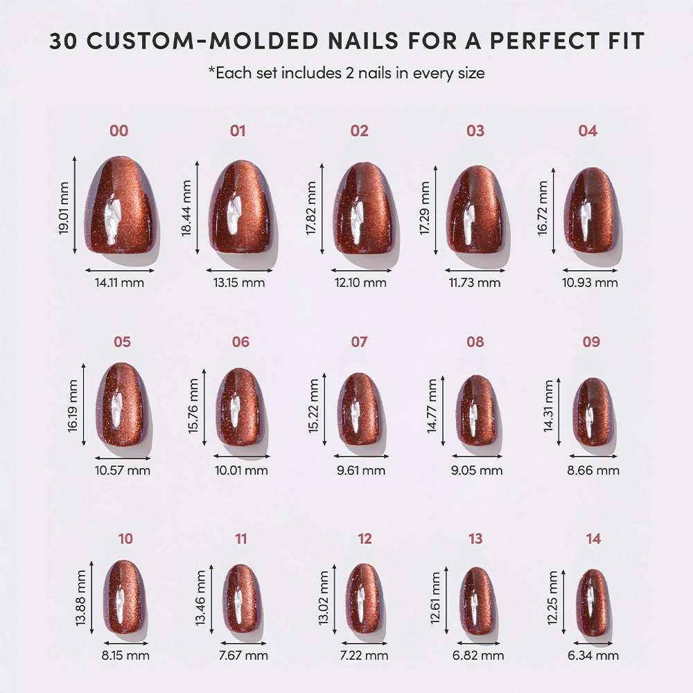A chart displays 30 custom-molded Magnetic Moscow fake nails by glamnetic, sizes 00–14 with width and length in mm. Each set includes two short oval nails per size for a perfect fit. - Product image