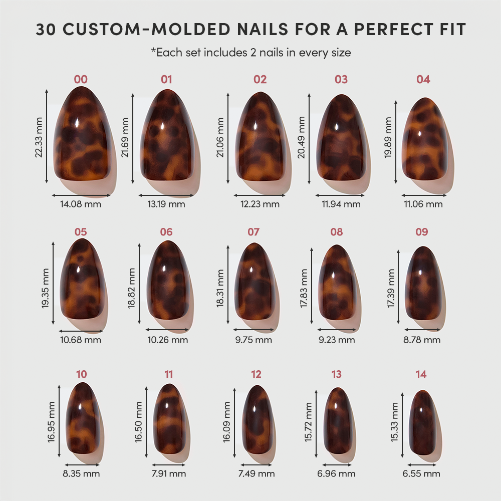 The glamnetic Main Reference set features 15 almond-shaped, brown tortoiseshell press-on nails, each numbered and precisely measured to highlight a range of sizes for the perfect fit. - Product image