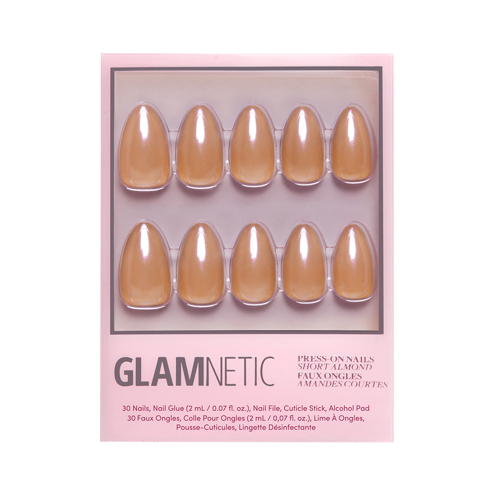 Maple Glaze by glamnetic: A short almond nail set in a nude-taupe shade. Includes 30 nails, nail glue, nail file, cuticle stick, and alcohol pad. - Product image