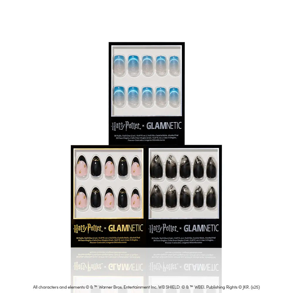 Three sets of Marked By Magic nails by glamnetic: almond blue/silver, pink/black with the Hogwarts crest, and glossy black press-ons, all in boxed sets. - Product image