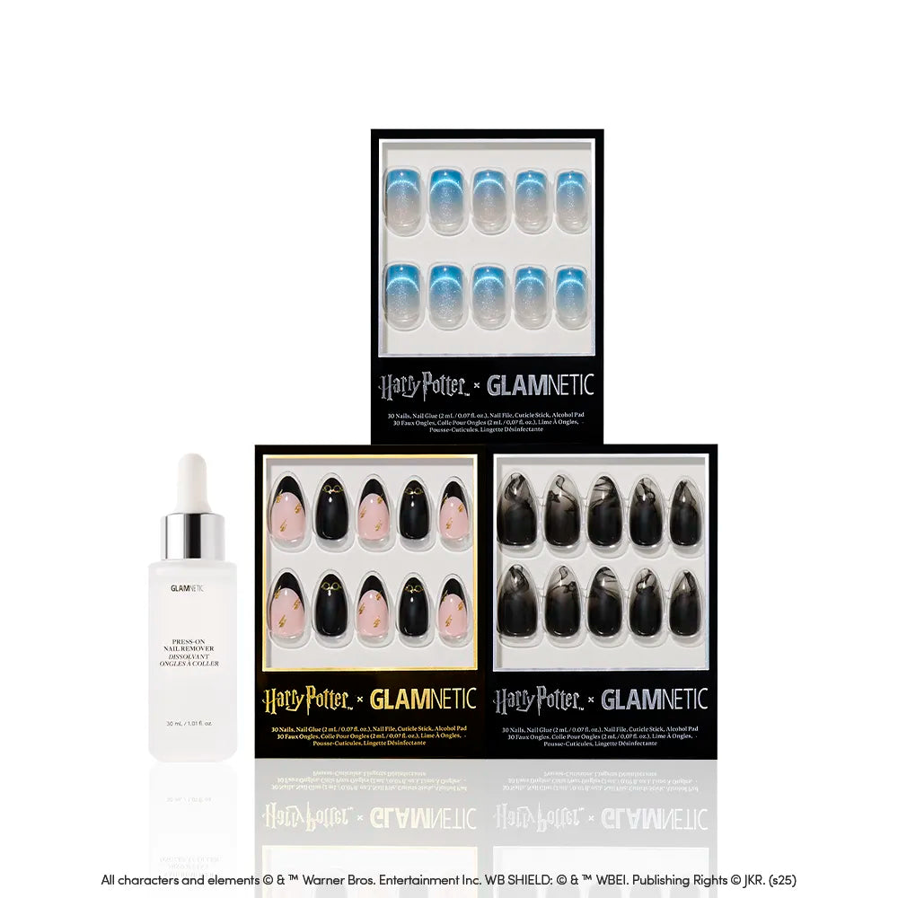 Three sets of glamnetic’s Marked By Magic almond press-on nails in various designs and colors are displayed with a white nail adhesive bottle and dropper, all arranged against a plain white background. - Product image