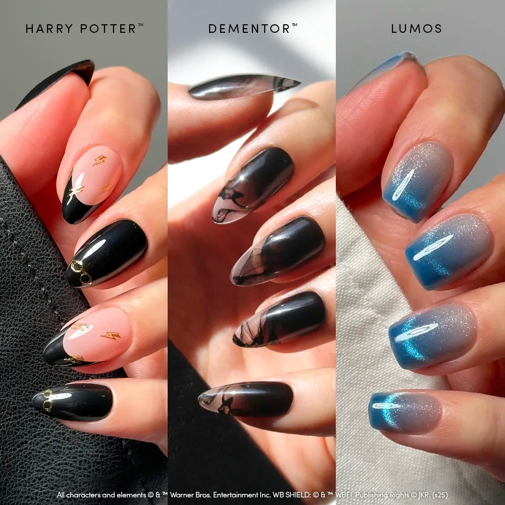 Three hands show themed manicures: glamnetic's Marked By Magic, featuring Harry Potter-inspired lightning bolts and glasses, Dementor black smoky designs, and Lumos almond press-ons with blue to white ombré sparkles.
