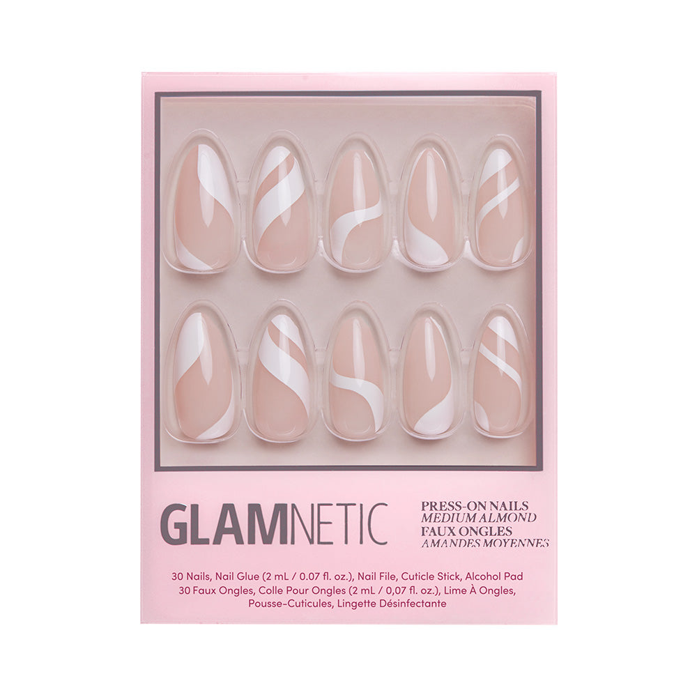 A box of glamnetic Marshmallow Swirl press-on nails in a medium almond shape with a pink and white abstract design. Includes 30 vegan, cruelty-free nails, glue, file, cuticle stick, and alcohol pad. - Product image