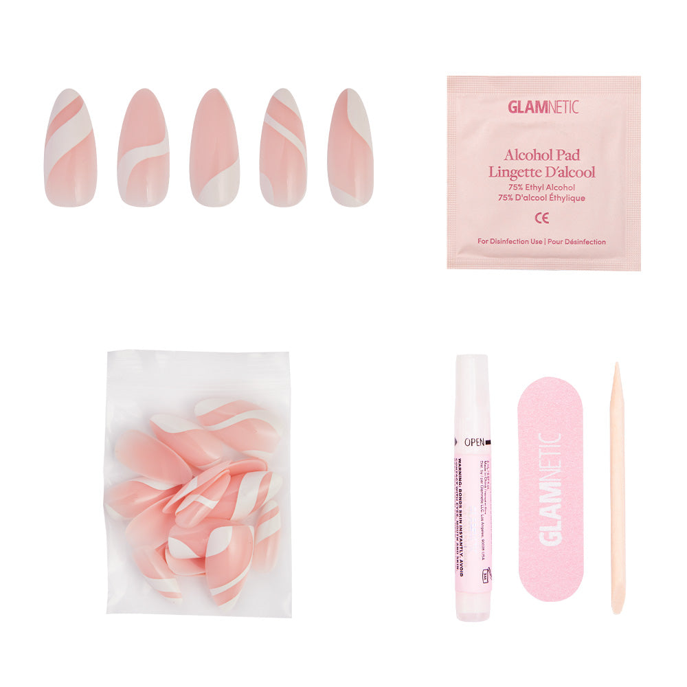 The glamnetic Marshmallow Swirl kit offers pink and white vegan, cruelty-free press-on nails in a medium almond shape, plus glue pen, file, alcohol pad, cuticle stick, and extras—displayed on a white background. - Product image