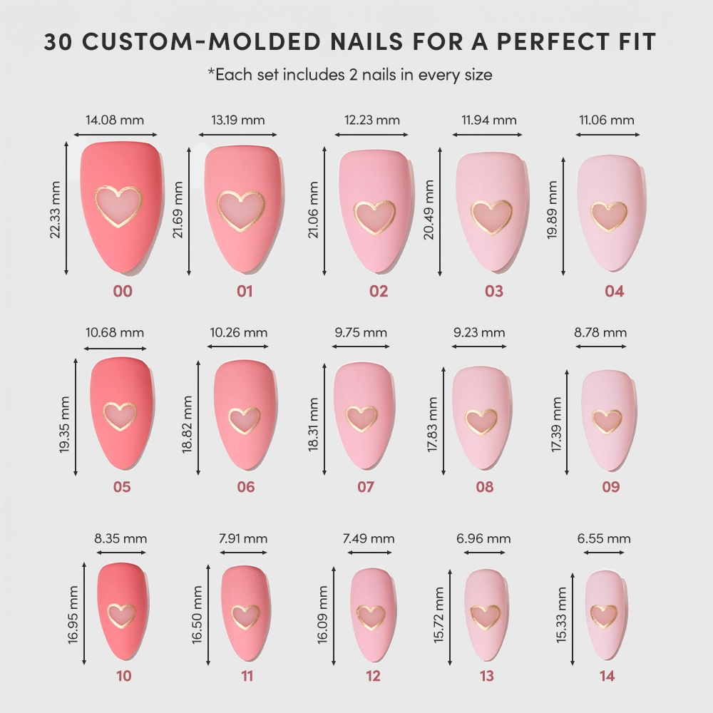 The chart showcases glamnetic’s Matte in Love press-on nails in 15 different sizes (labeled 01–15), each with a gold heart cutout and size measurements in mm—ideal for fans of short almond nails. - Product image