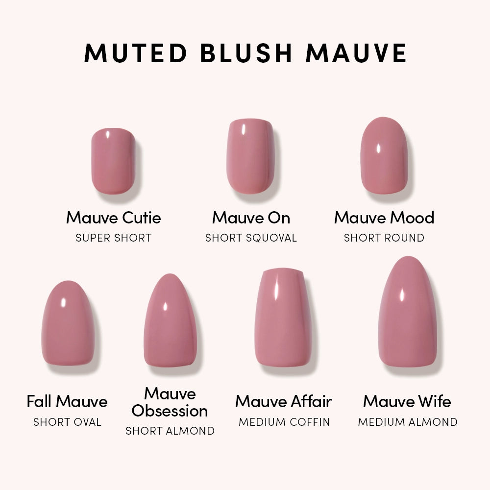 Glamnetic’s Mauve Obsession offers seven muted blush mauve press-on nails, each with a unique shape and length—ideal for short almond nail fans. Enjoy a glossy finish and fun names like Mauve Cutie, Mauve Obsession, and Mauve Wife. - Product image