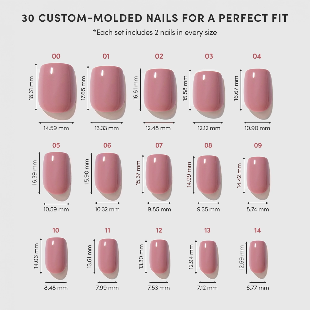 A chart shows 15 sizes of glamnetic Mauve On press-on nails, each numbered with width and height in millimeters. Each set includes 30 nails to ensure a perfect fit for every user. - Product image