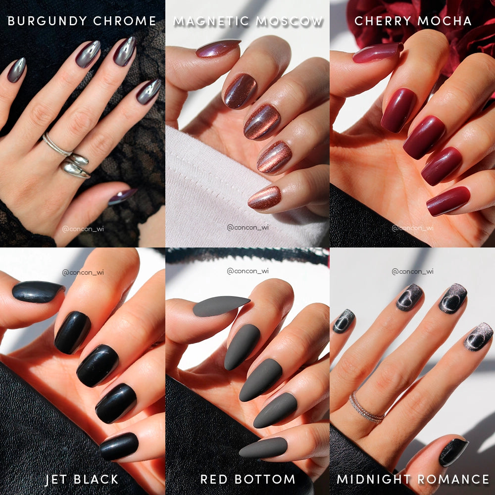 A collage of six manicured hands displays glamnetic’s Meet At Midnight press-on nails in styles like chrome, black, and cherry mocha. The center text reads “MEET AT MIDNIGHT.”.