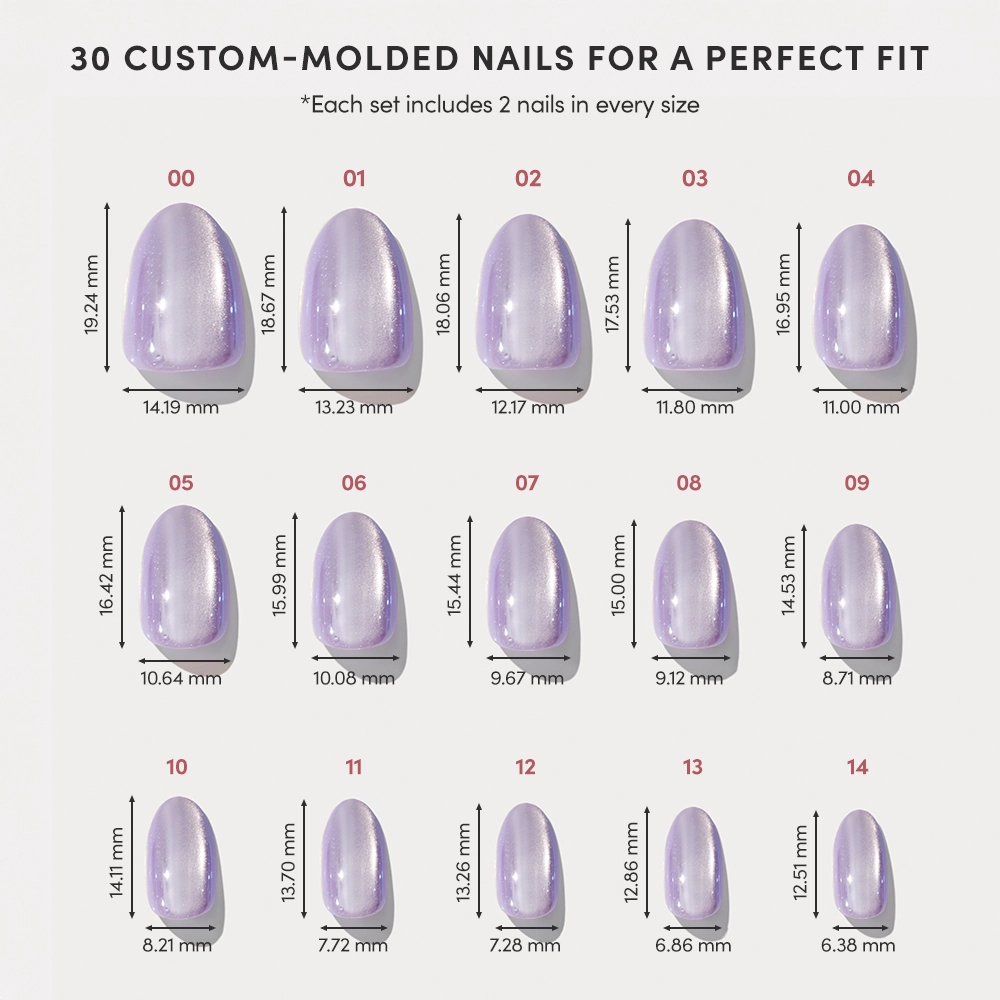 A set of 15 iridescent purple Mermaids Tail press-on nails by glamnetic, sizes 00–14 with exact width and length displayed for a tailored fit. Above: “30 Custom-Molded Nails for a Perfect Fit.”. - Product image