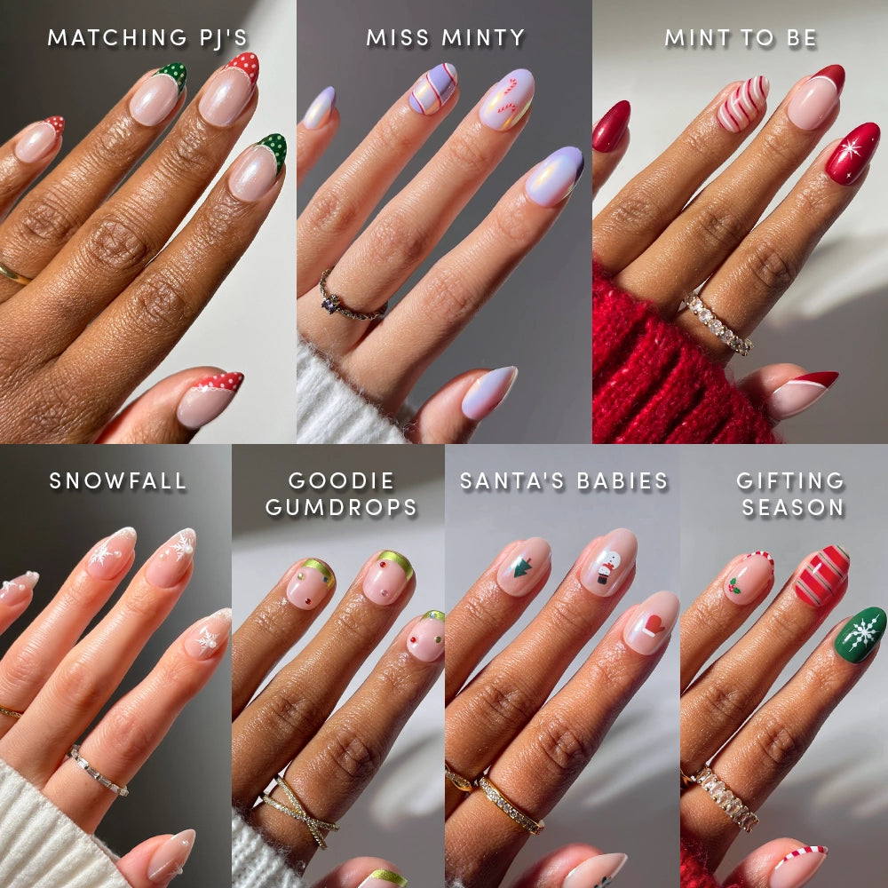 Merry to the Max - A grid of six hands showing Glamnetic Merry to the Max press-on nails with various holiday-themed designs, including French tips, candy canes, snowflakes, and festive patterns.