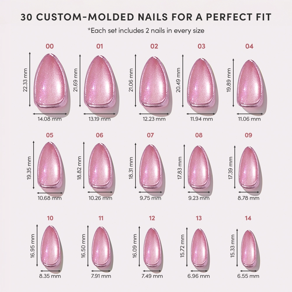 A chart showcases 15 sizes of Mertini pink, glossy, almond-shaped press-on nails by glamnetic with a velvet finish, labeled with length and width in millimeters. Above: “30 custom-molded nails for a perfect fit.”. - Product image
