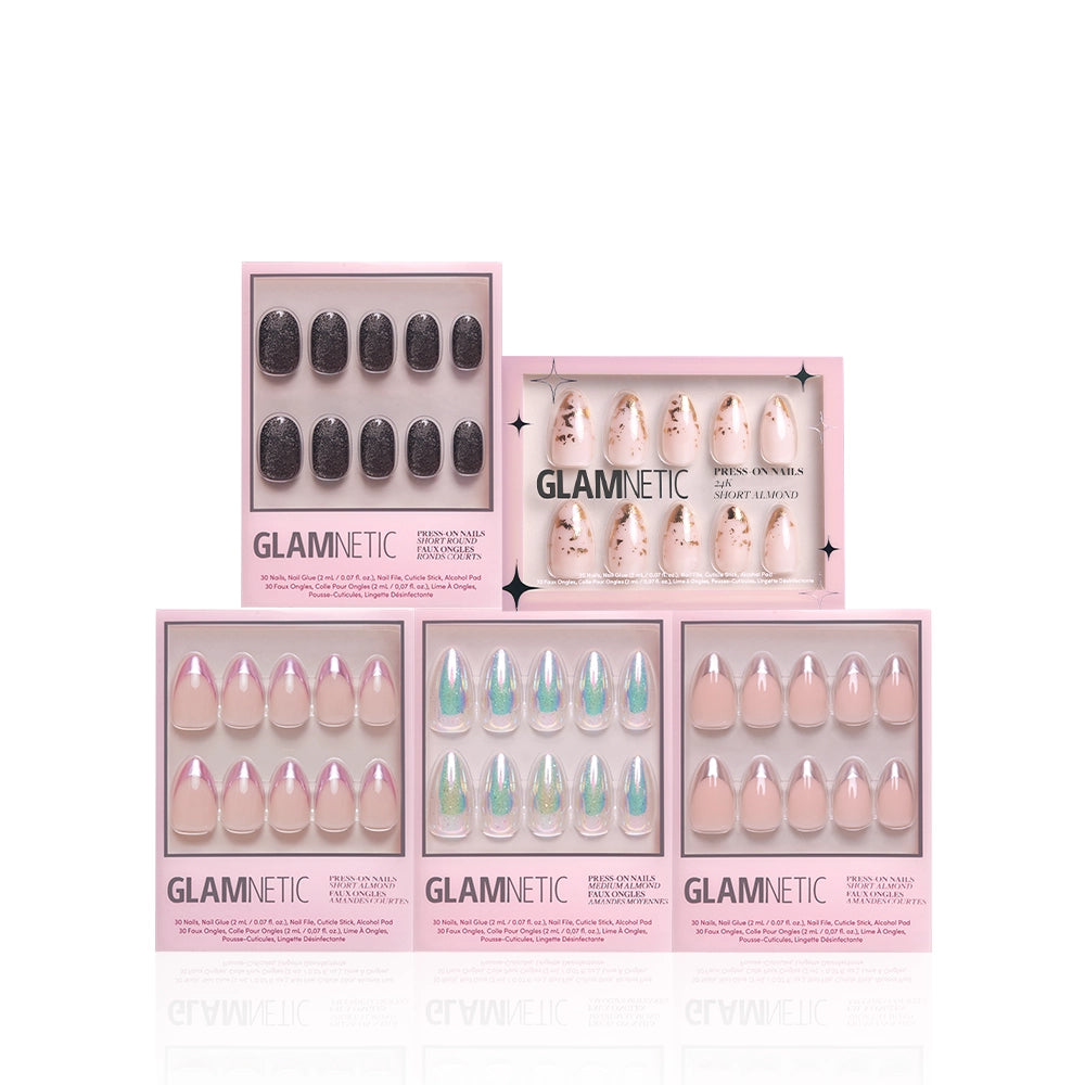 The glamnetic Metallic Moments Bundle is displayed in two rows against a white background, with each box showcasing a unique design such as black glitter, floral, iridescent, holographic, and nude press-on nails. - Product image